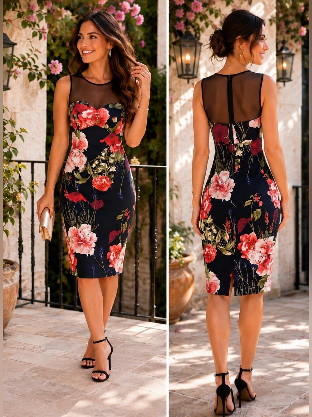 Karen Millen Floral Mesh Illusion Wiggle Sheath Dress Size US Size 4
